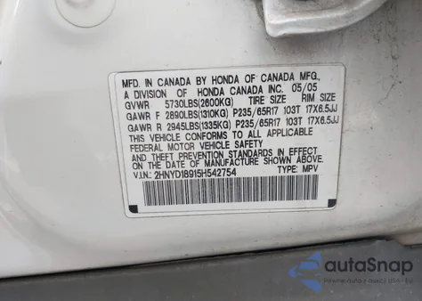 2005 Acura Mdx from USA, damaged, VIN 2HNYD18915H542754